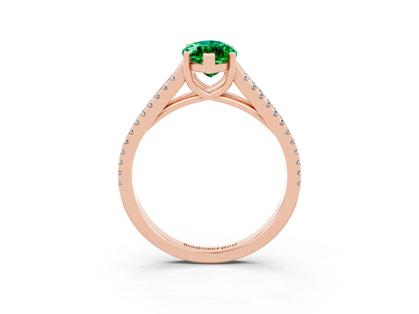Rose gold Marquise Cut Emerald Solitaire Engagement Ring with Split Shank Pavé Band