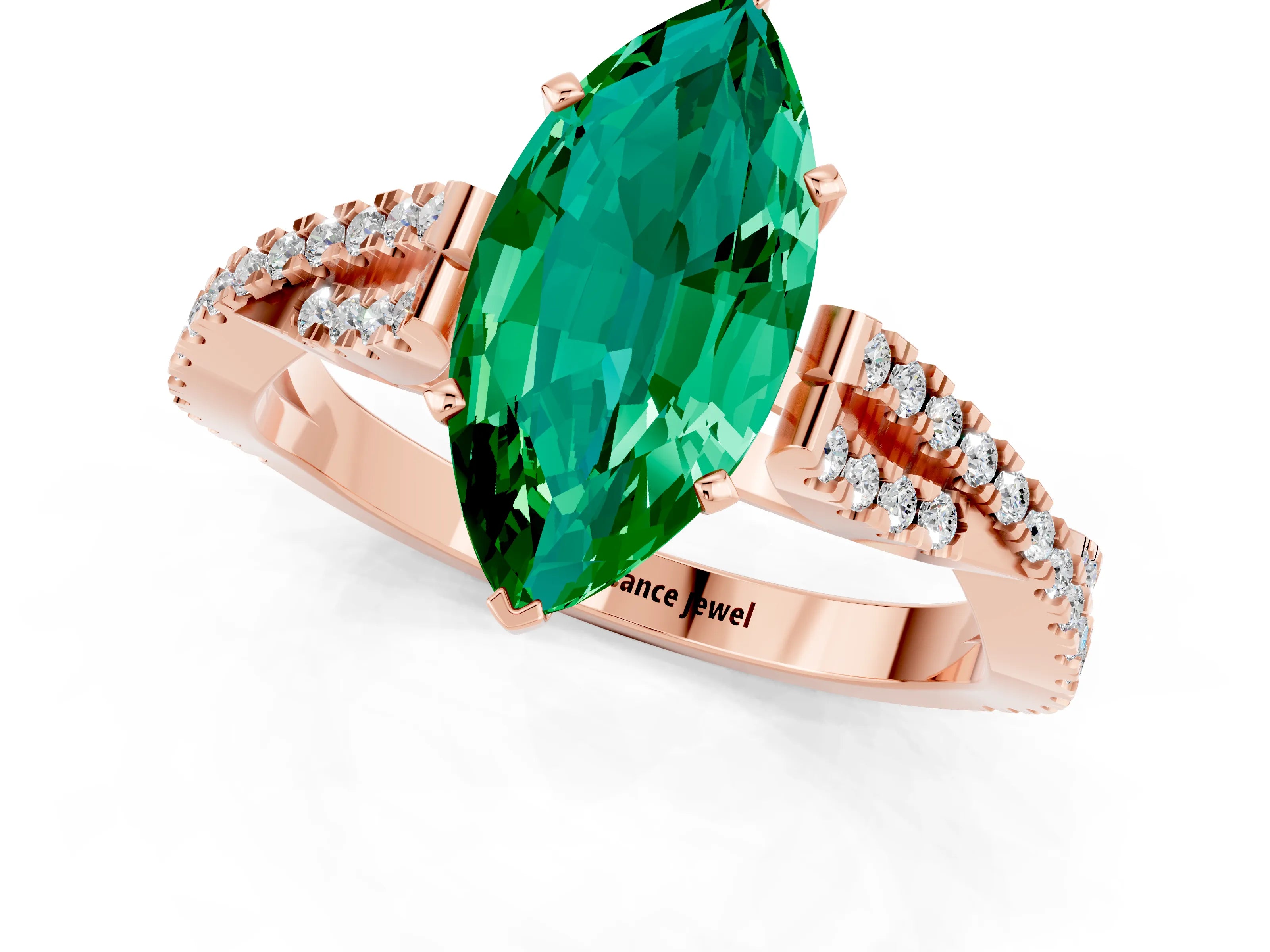 Rose gold Marquise Cut Emerald Solitaire Engagement Ring with Twisted Pavé Band and Four-Prong Setting_1