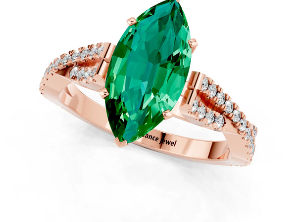 Rose gold Marquise Cut Emerald Solitaire Engagement Ring with Twisted Pavé Band and Four-Prong Setting