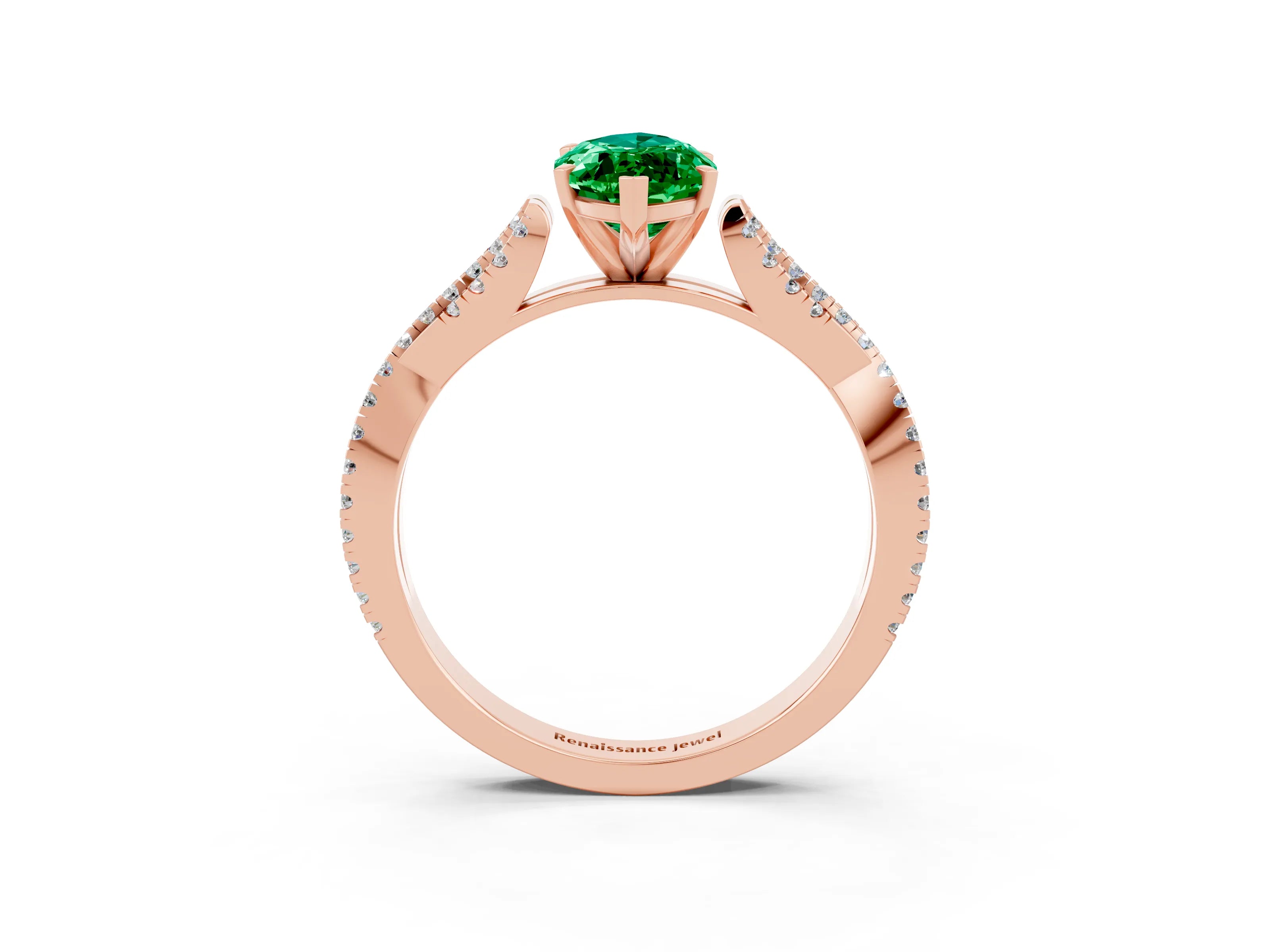 Rose gold Marquise Cut Emerald Solitaire Engagement Ring with Twisted Pavé Band and Four-Prong Setting_3