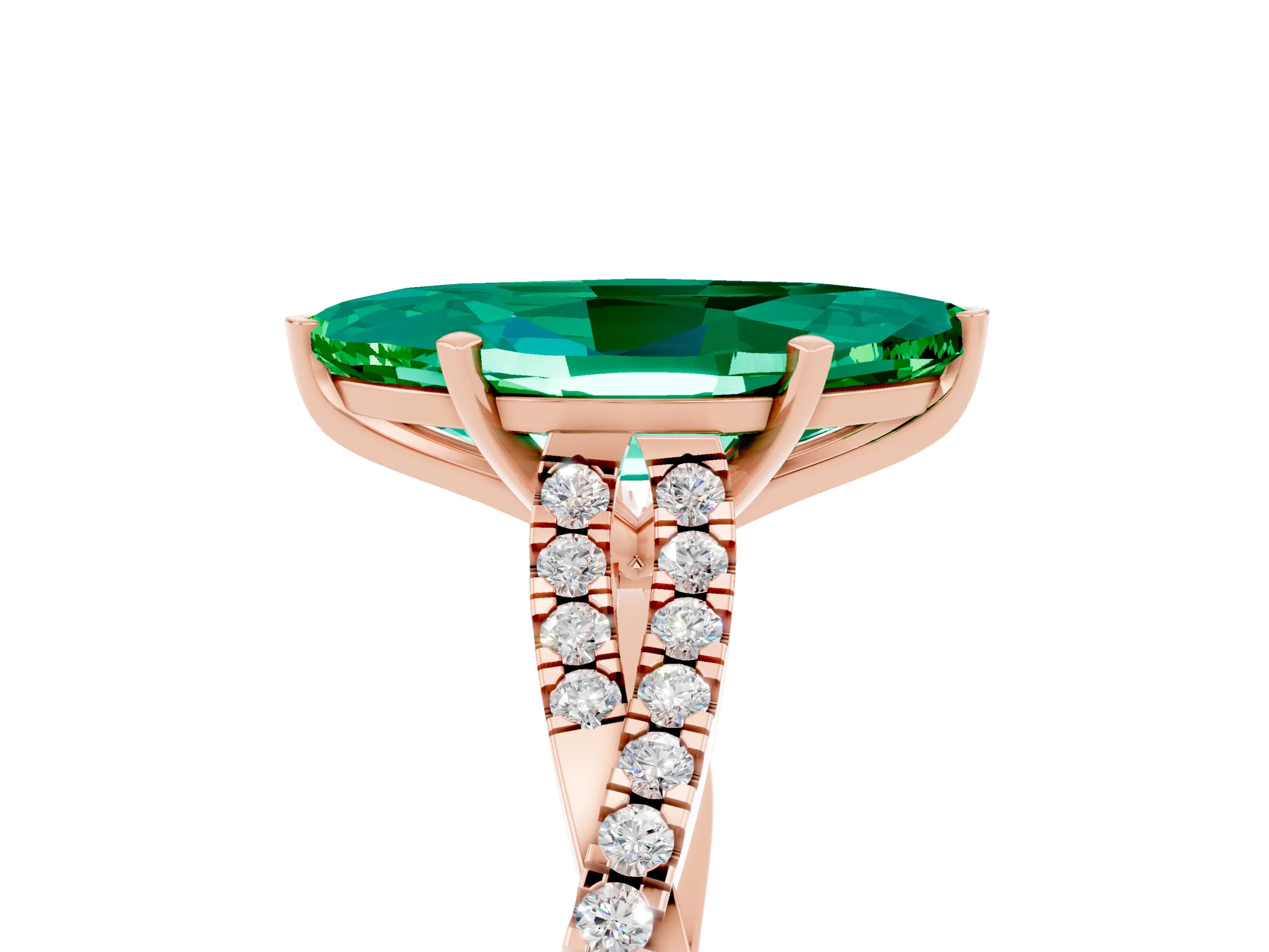 Rose gold Marquise Cut Emerald Solitaire Engagement Ring with Twisted Pavé Band and Four-Prong Setting_5