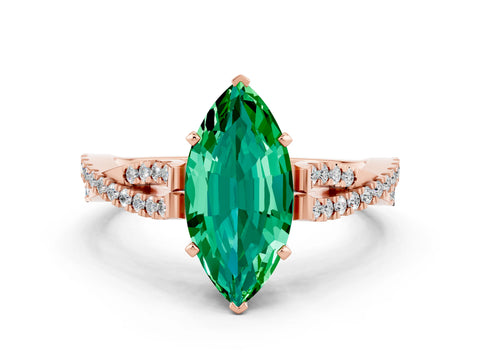 Rose gold Marquise Cut Emerald Solitaire Engagement Ring with Twisted Pavé Band and Four-Prong Setting