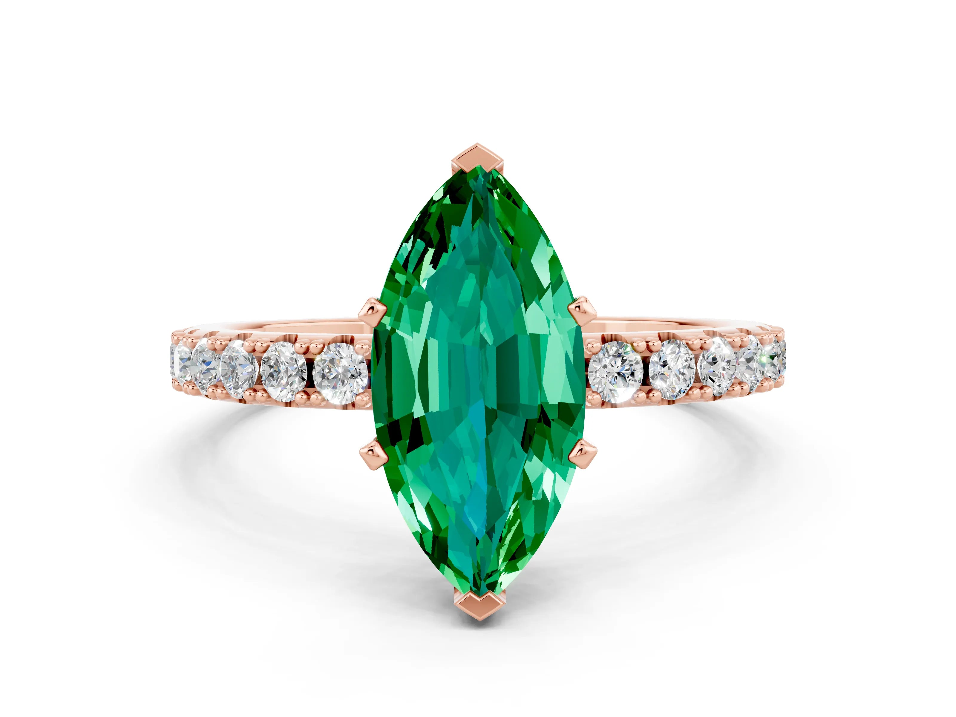 Rose gold Marquise Cut Emerald Solitaire Pavé Band with Four-Prong Setting