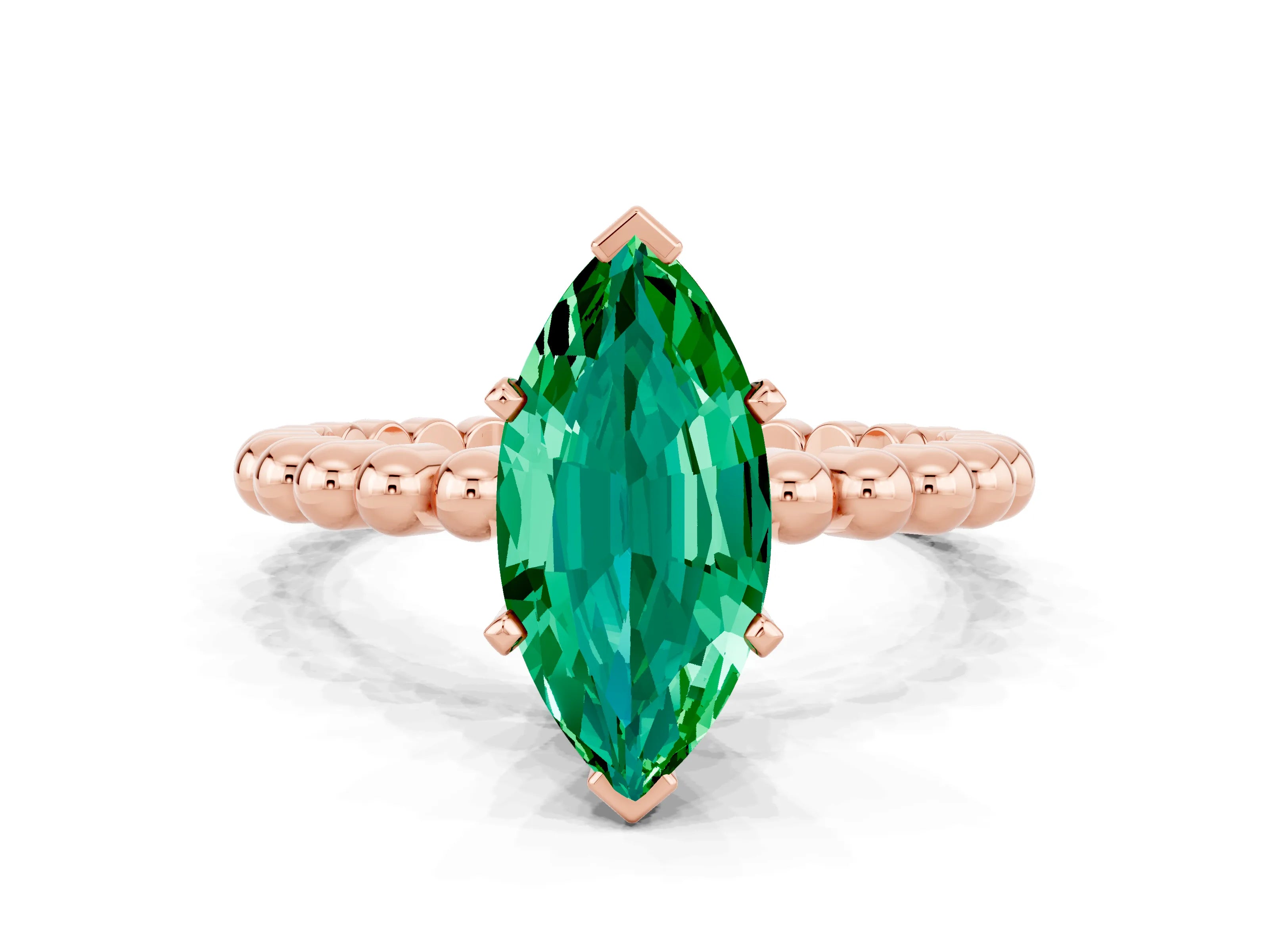 Rose gold Marquise Cut Emerald Solitaire Ring with Beaded Band and Prong Setting