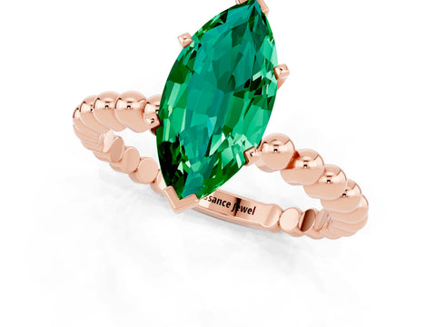 Rose gold Marquise Cut Emerald Solitaire Ring with Beaded Band and Prong Setting_1