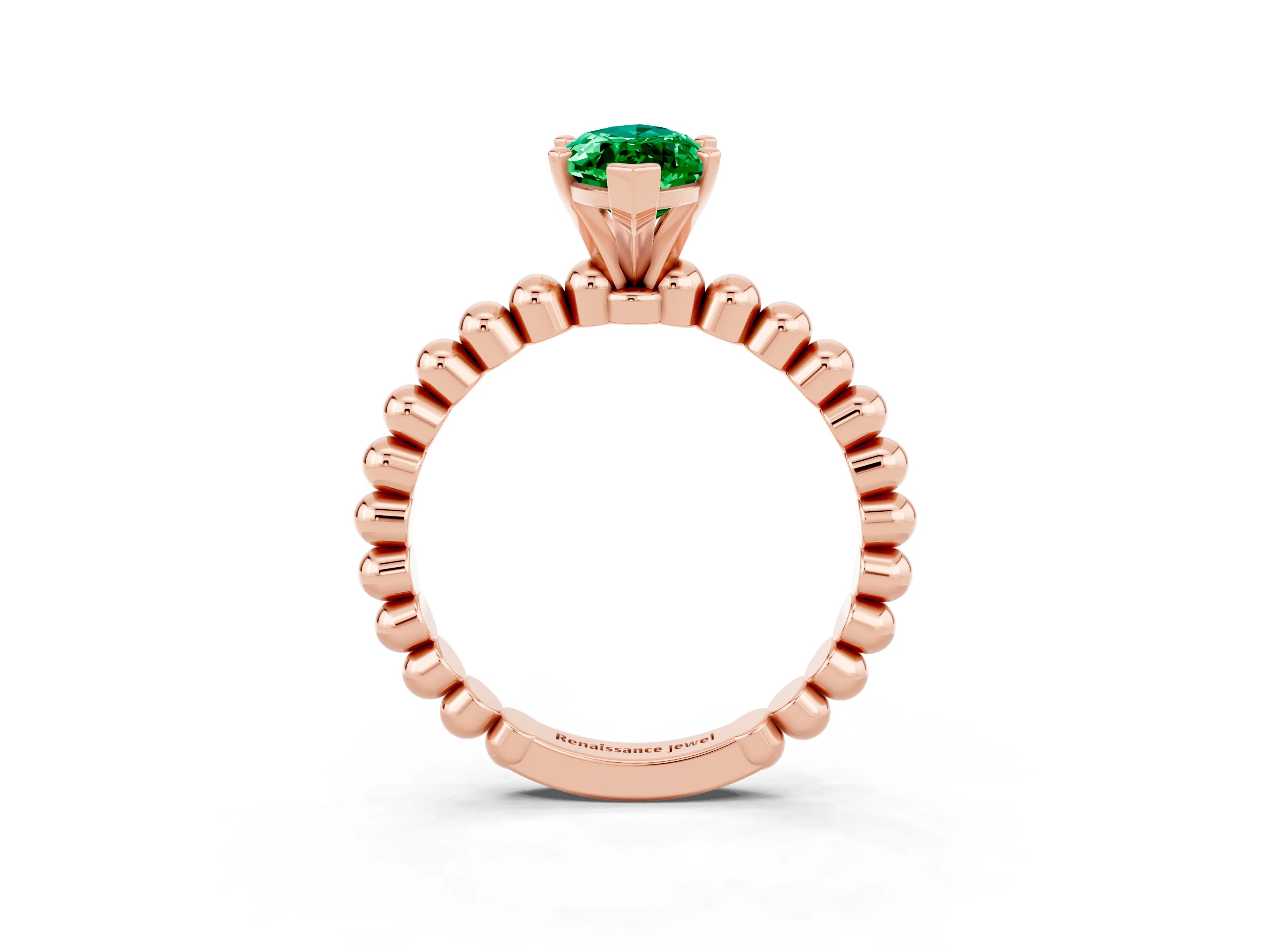 Rose gold Marquise Cut Emerald Solitaire Ring with Beaded Band and Prong Setting_3