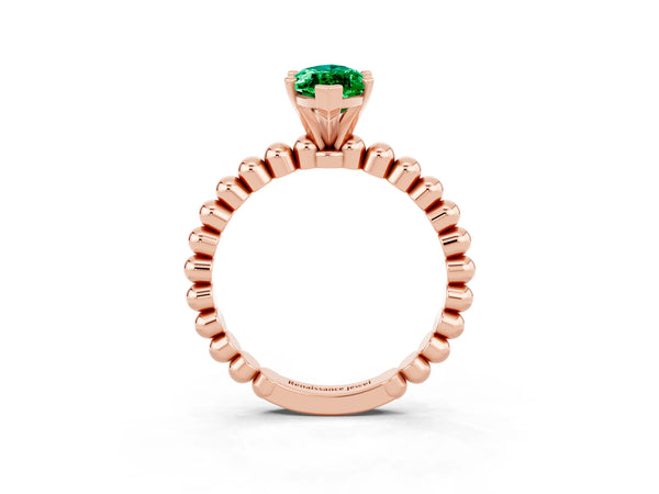 Rose gold Marquise Cut Emerald Solitaire Ring with Beaded Band and Prong Setting