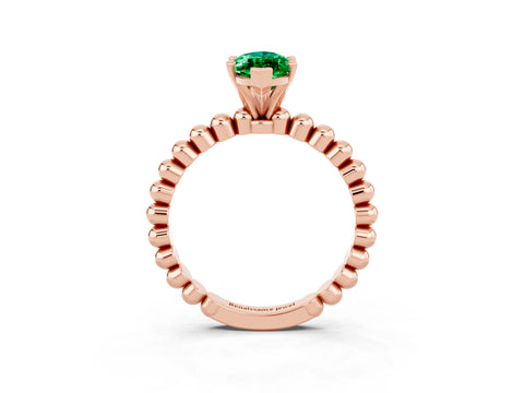 Rose gold Marquise Cut Emerald Solitaire Ring with Beaded Band and Prong Setting_3