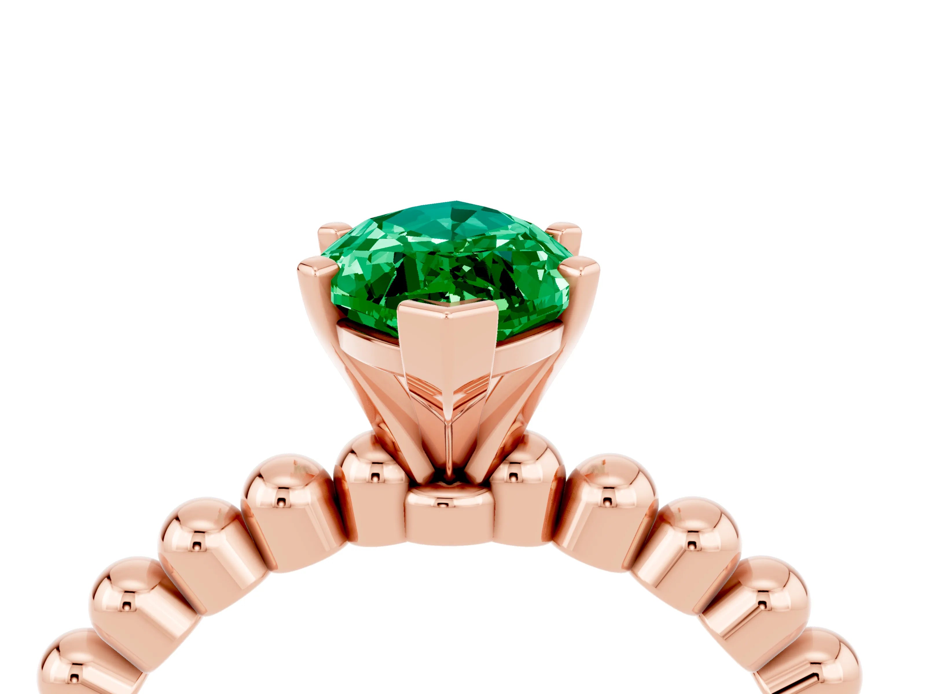 Rose gold Marquise Cut Emerald Solitaire Ring with Beaded Band and Prong Setting_4