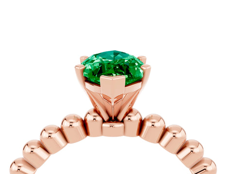 Rose gold Marquise Cut Emerald Solitaire Ring with Beaded Band and Prong Setting_4
