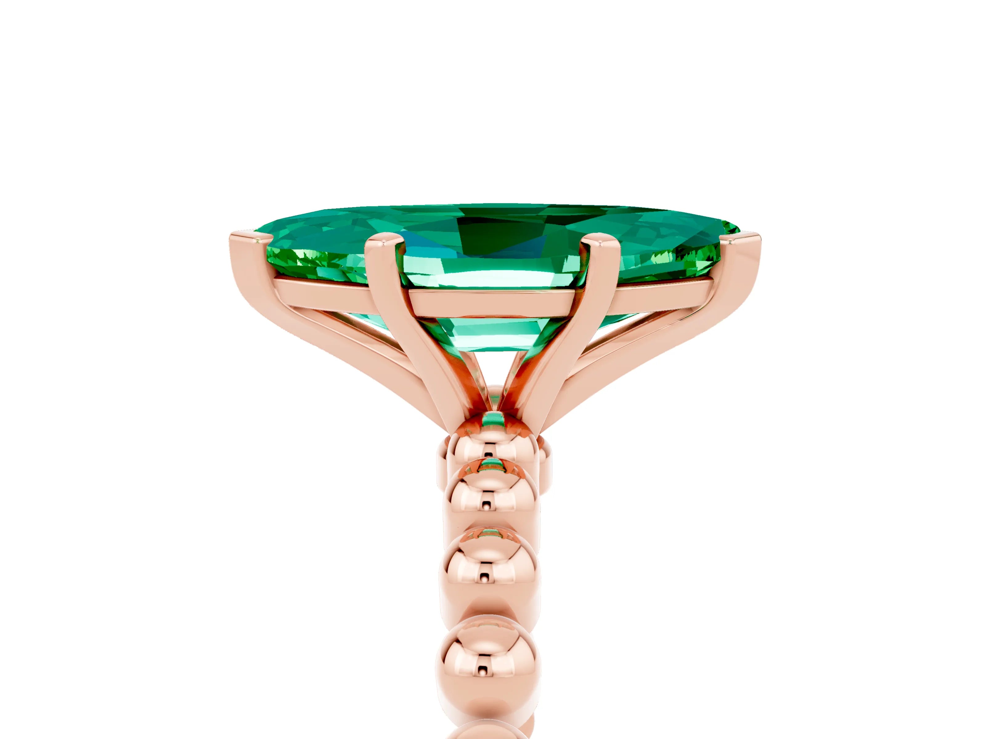 Rose gold Marquise Cut Emerald Solitaire Ring with Beaded Band and Prong Setting_5