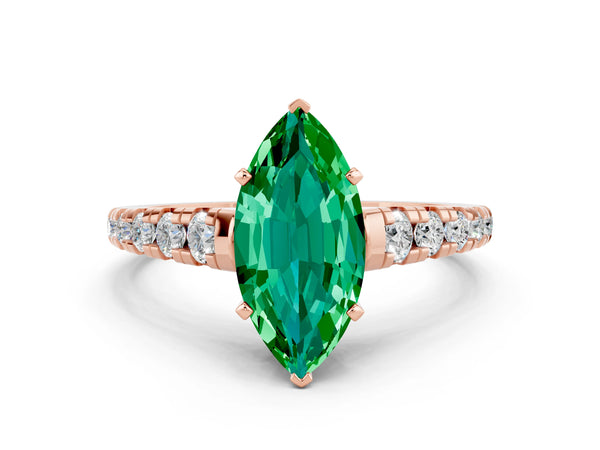 Rose gold Marquise Cut Emerald Cathedral Solitaire Ring with Round  Pavé Band