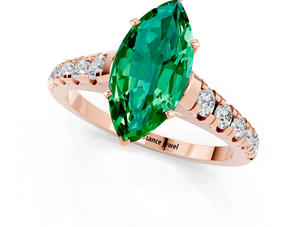 Rose gold Marquise Cut Emerald Cathedral Solitaire Ring with Round  Pavé Band