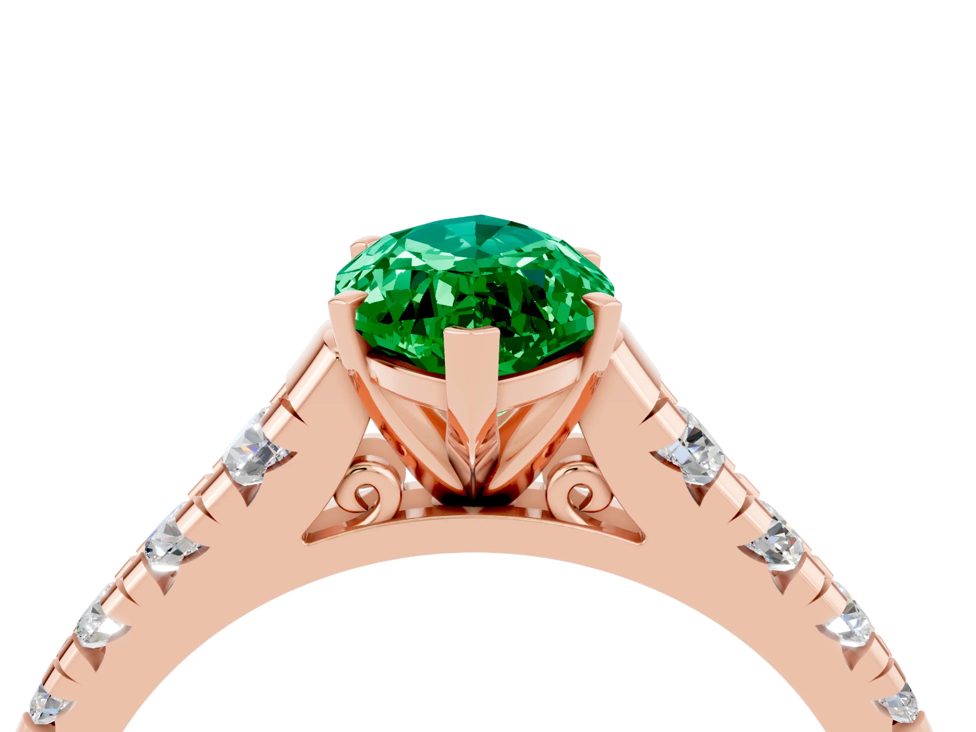 Rose gold Marquise Cut Emerald Solitaire Ring with Cathedral Setting and Pavé Band_4