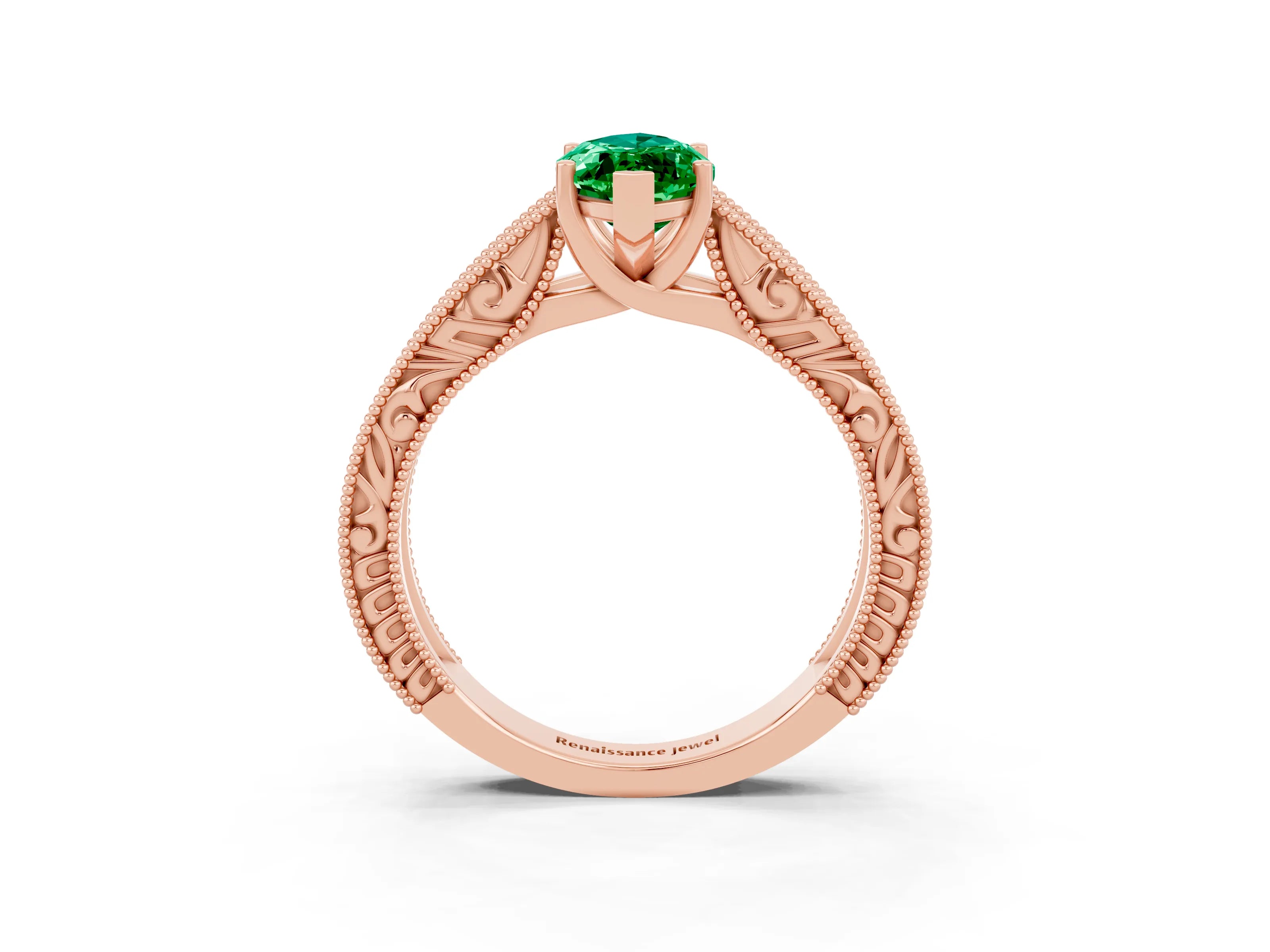 Rose gold Marquise Cut Emerald Solitaire Ring with Engraved Band and Four-Prong Setting_3