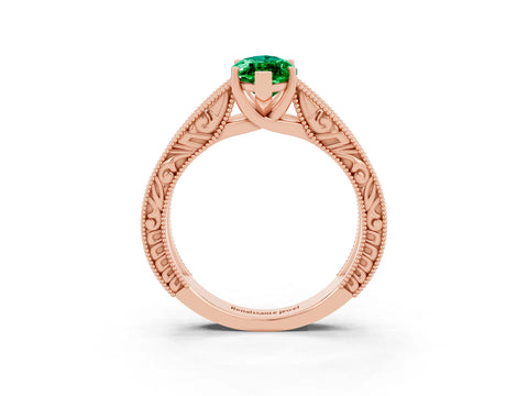 Rose gold Marquise Cut Emerald Solitaire Ring with Engraved Band and Four-Prong Setting_3