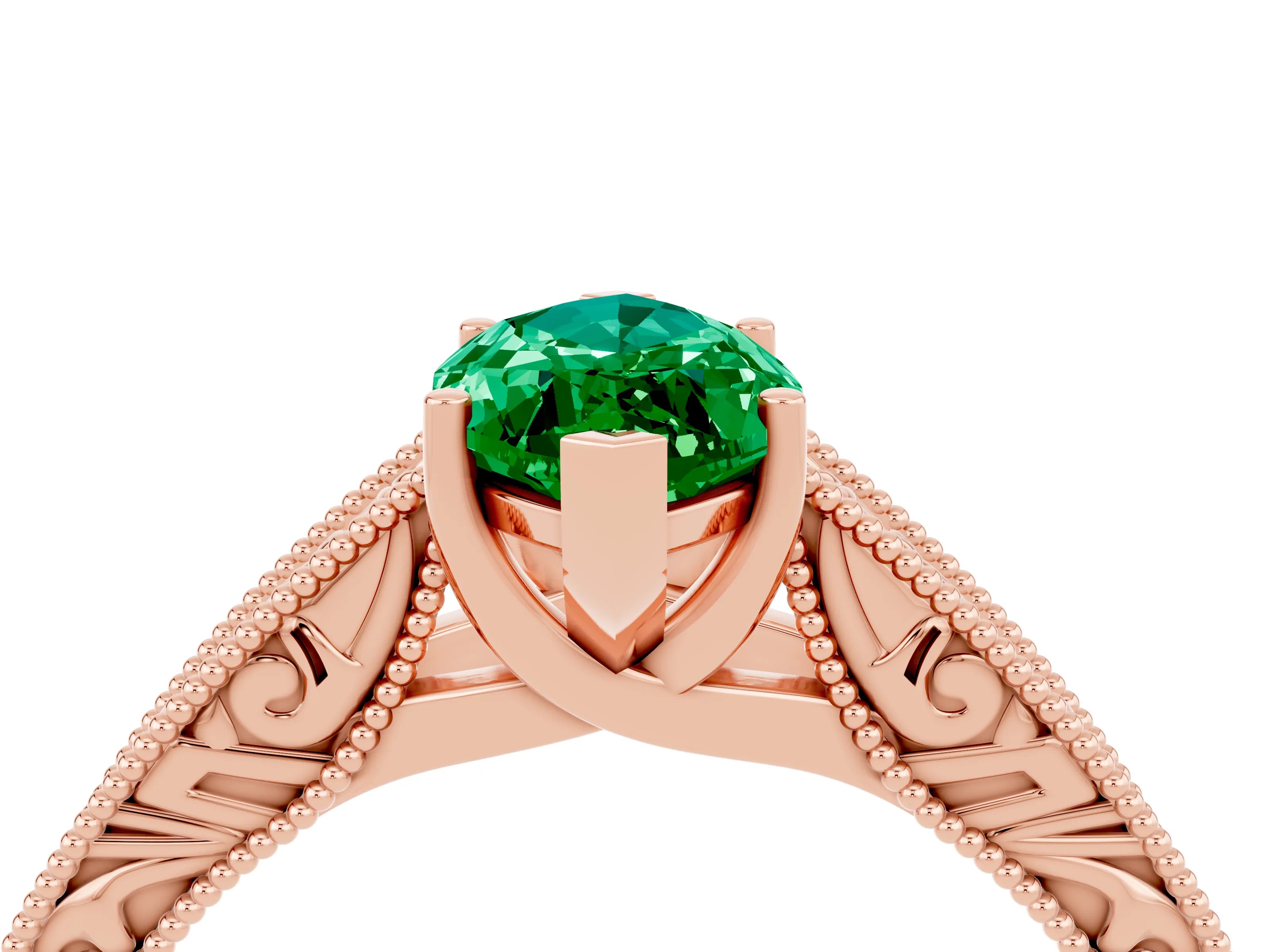Rose gold Marquise Cut Emerald Solitaire Ring with Engraved Band and Four-Prong Setting_4