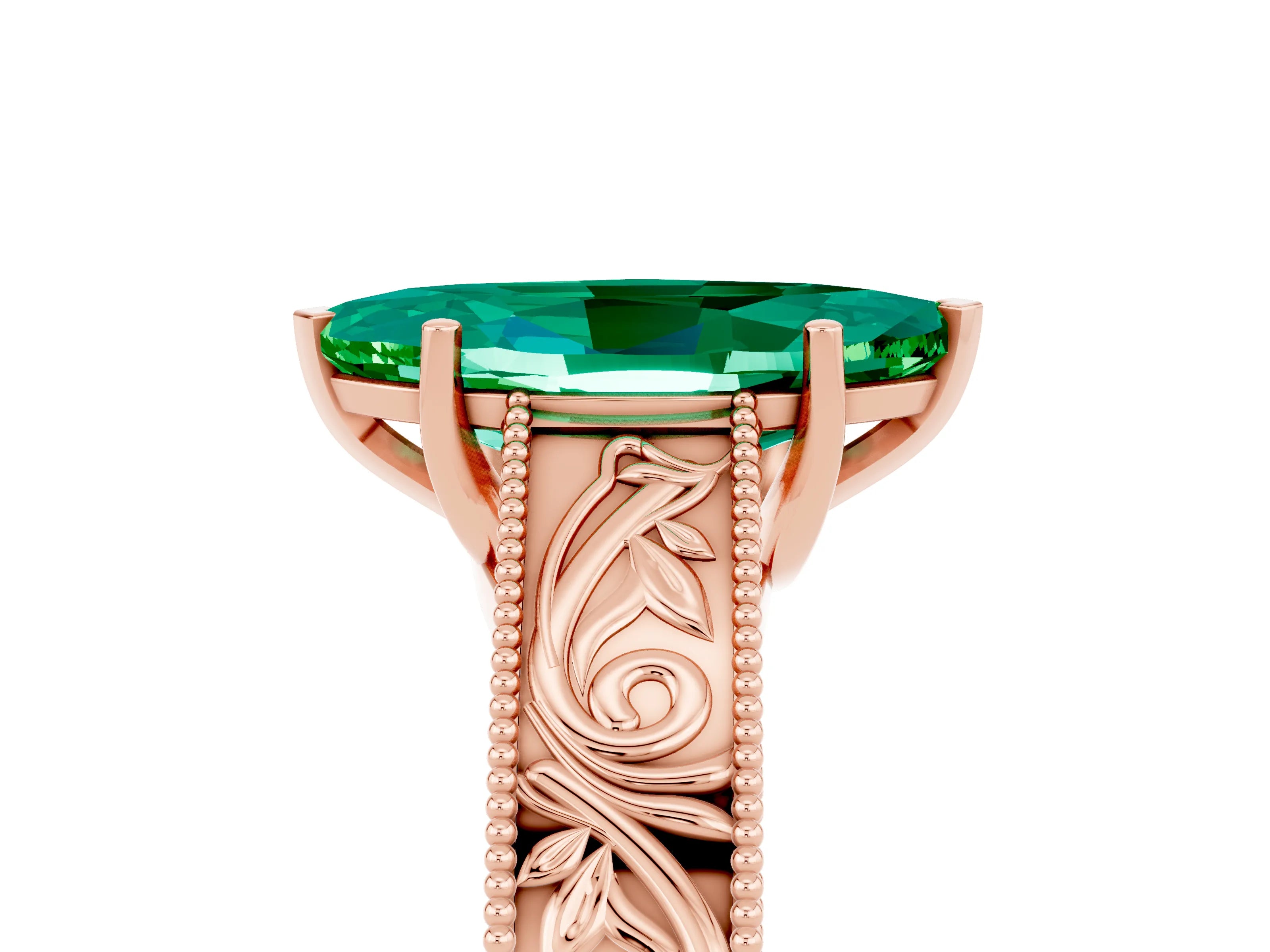 Rose gold Marquise Cut Emerald Solitaire Ring with Engraved Band and Four-Prong Setting_5