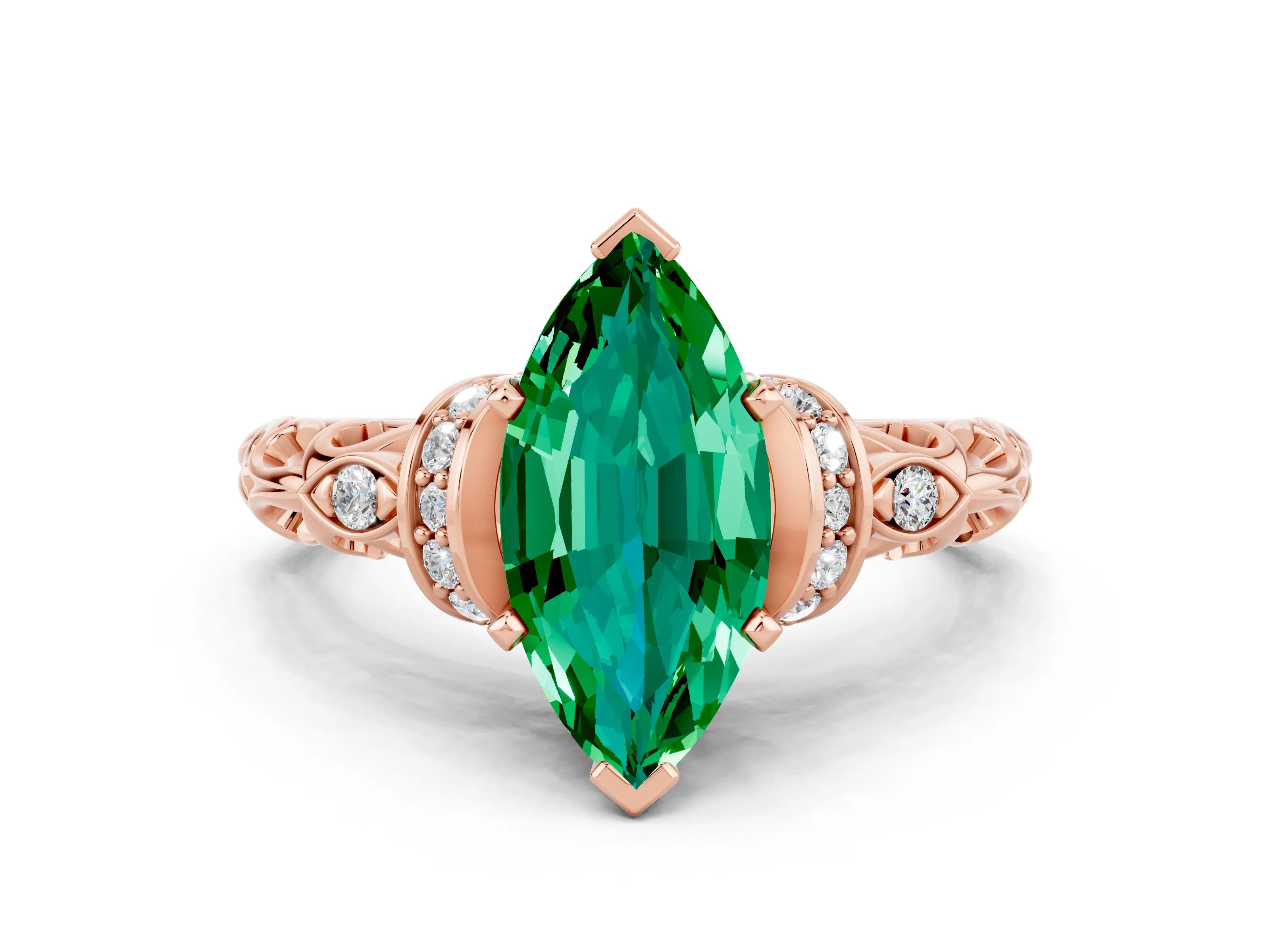 Rose gold Marquise Cut Emerald Solitaire Ring with Filigree Band and Four-Prong Setting_24
