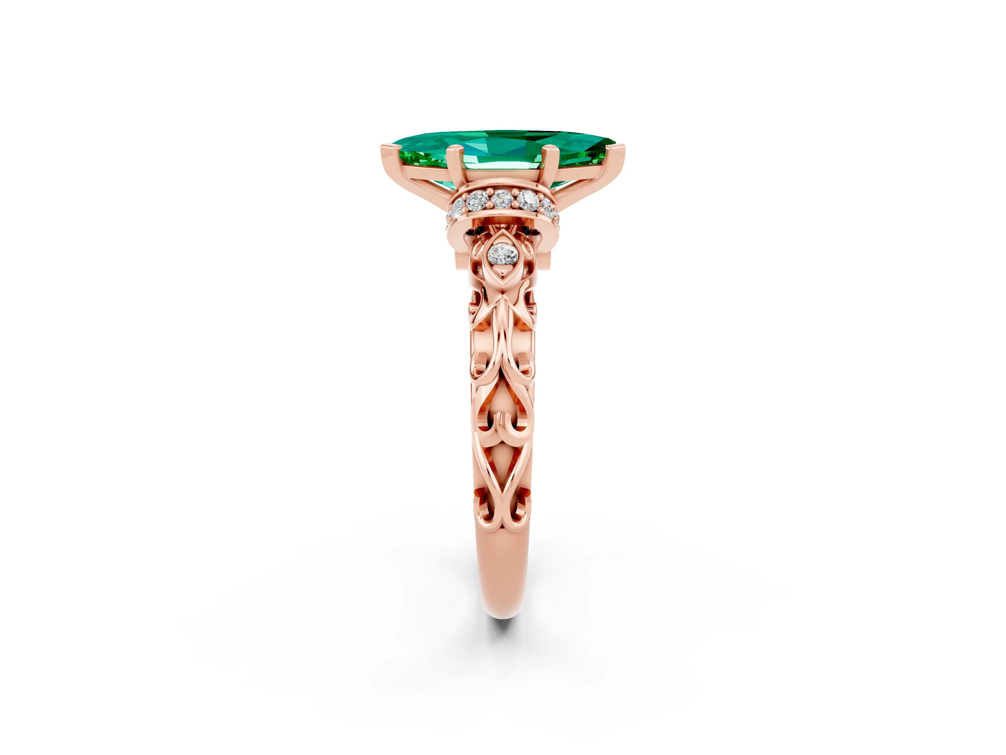 Rose gold Marquise Cut Emerald Solitaire Ring with Filigree Band and Four-Prong Setting_25