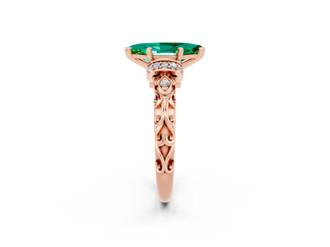 Rose gold Marquise Cut Emerald Solitaire Ring with Filigree Band and Four-Prong Setting_25
