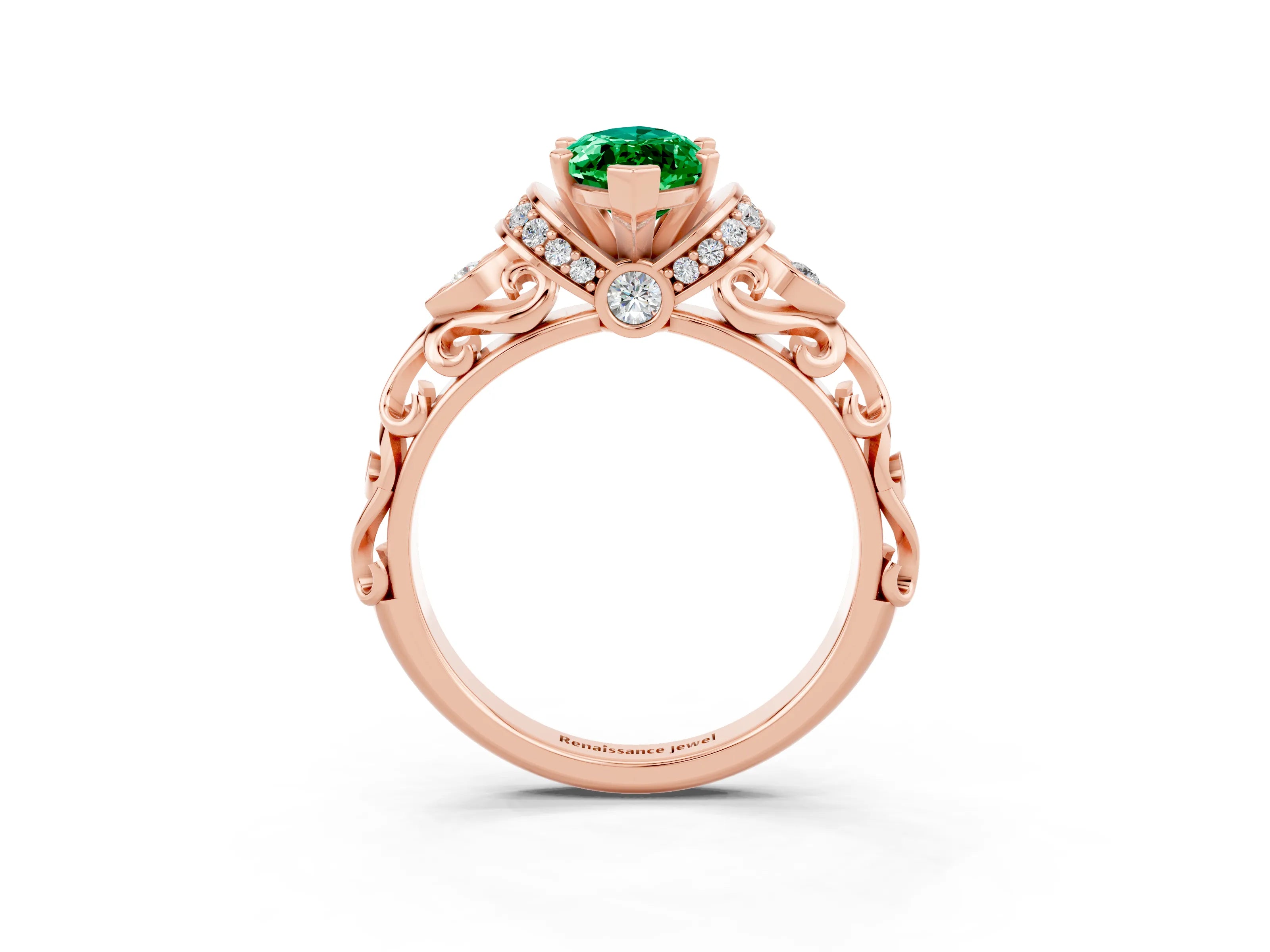 Rose gold Marquise Cut Emerald Solitaire Ring with Filigree Band and Four-Prong Setting_26