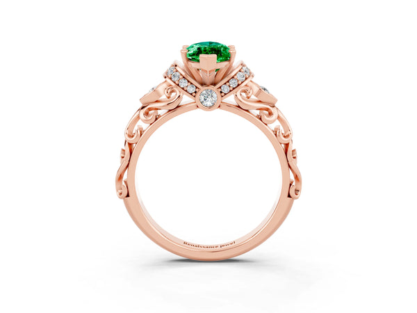 Rose gold Marquise Cut Emerald Solitaire Ring with Filigree Band and Four-Prong Setting