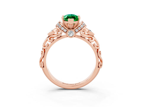 Rose gold Marquise Cut Emerald Solitaire Ring with Filigree Band and Four-Prong Setting_26