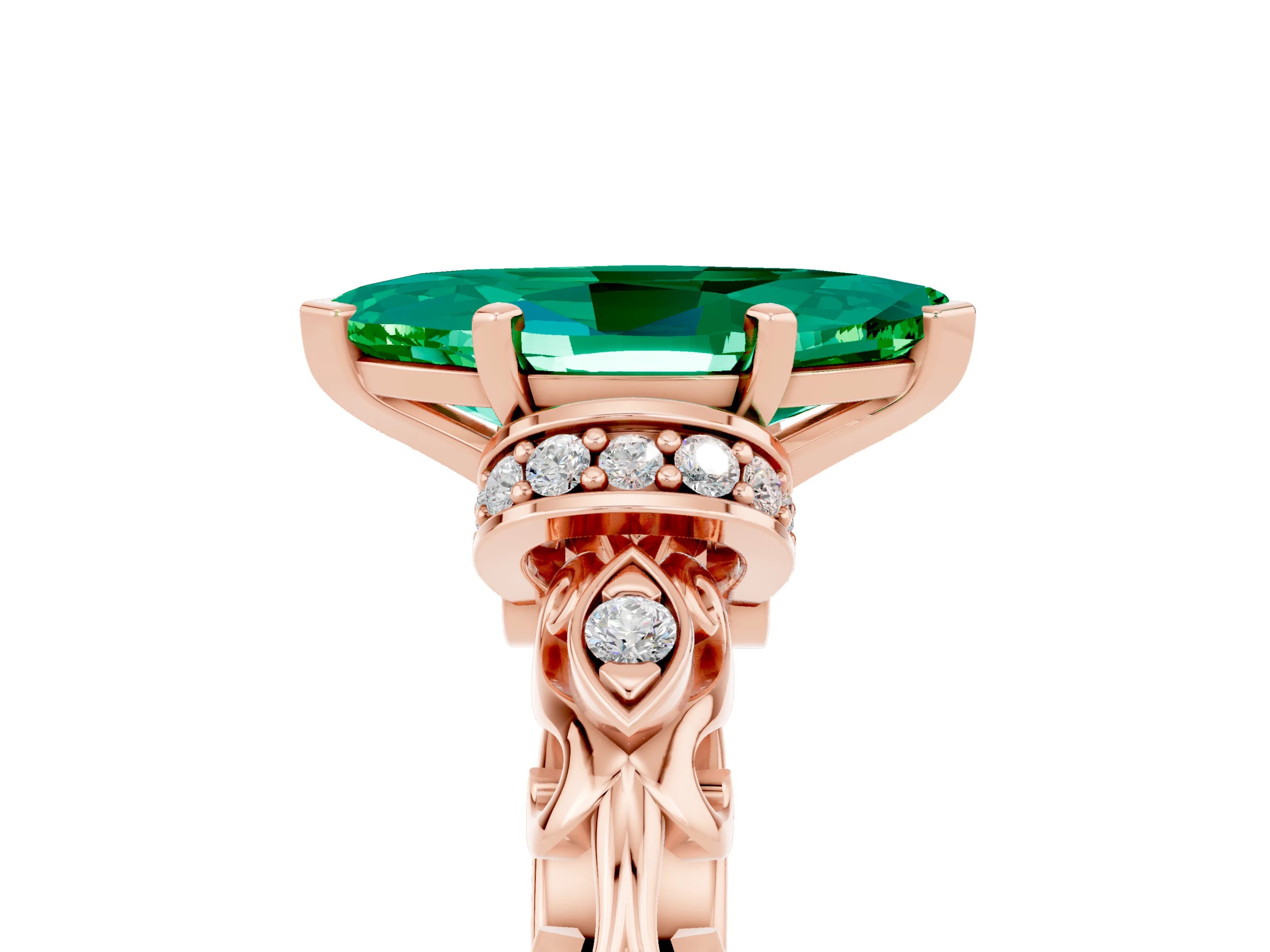 Rose gold Marquise Cut Emerald Solitaire Ring with Filigree Band and Four-Prong Setting_28