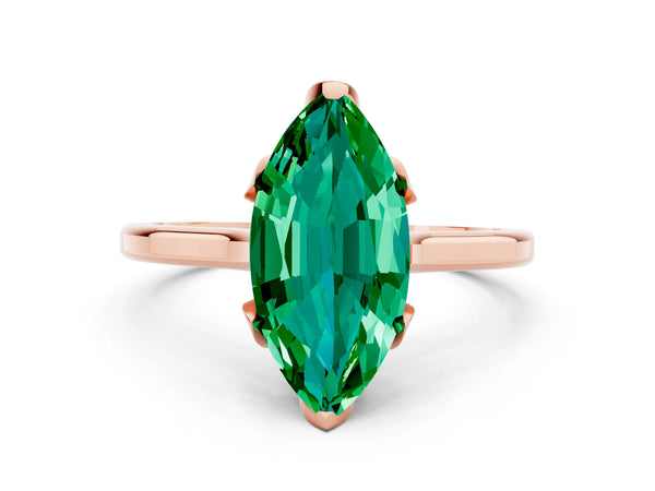 Rose gold Marquise Cut Emerald Solitaire Ring with Flower Prong Setting and Classic Band