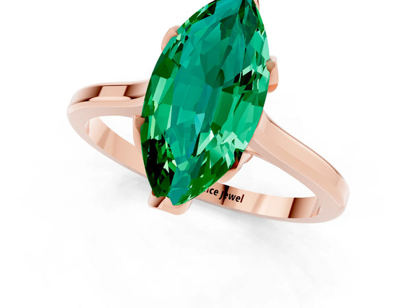 Rose gold Marquise Cut Emerald Solitaire Ring with Flower Prong Setting and Classic Band