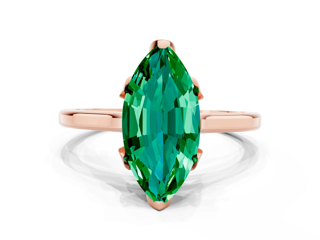 Rose gold Marquise Cut Emerald Solitaire Ring with Flower Prong Setting and Classic Band_36