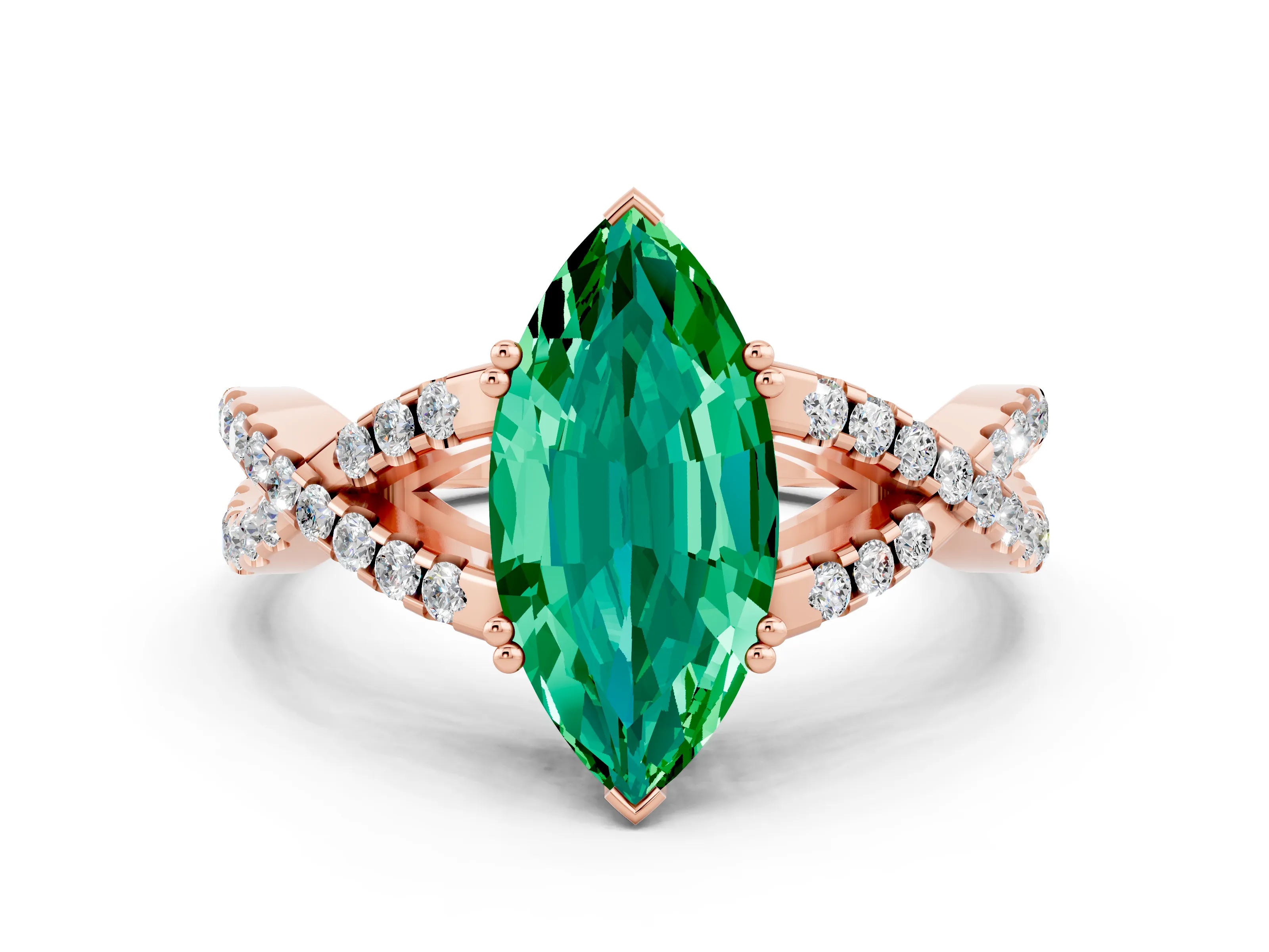 Rose gold Marquise Cut Emerald Solitaire Ring with Four-Prong Setting and Twisted Pavé Band