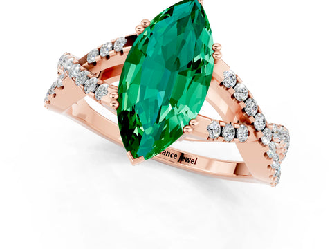 Rose gold Marquise Cut Emerald Solitaire Ring with Four-Prong Setting and Twisted Pavé Band_1