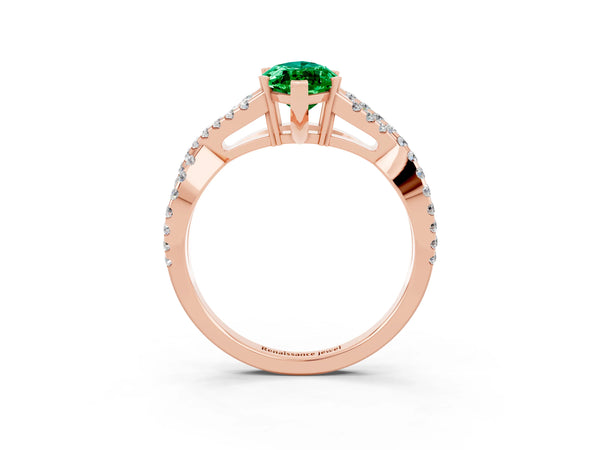 Rose gold Marquise Cut Emerald Solitaire Ring with Four-Prong Setting and Twisted Pavé Band