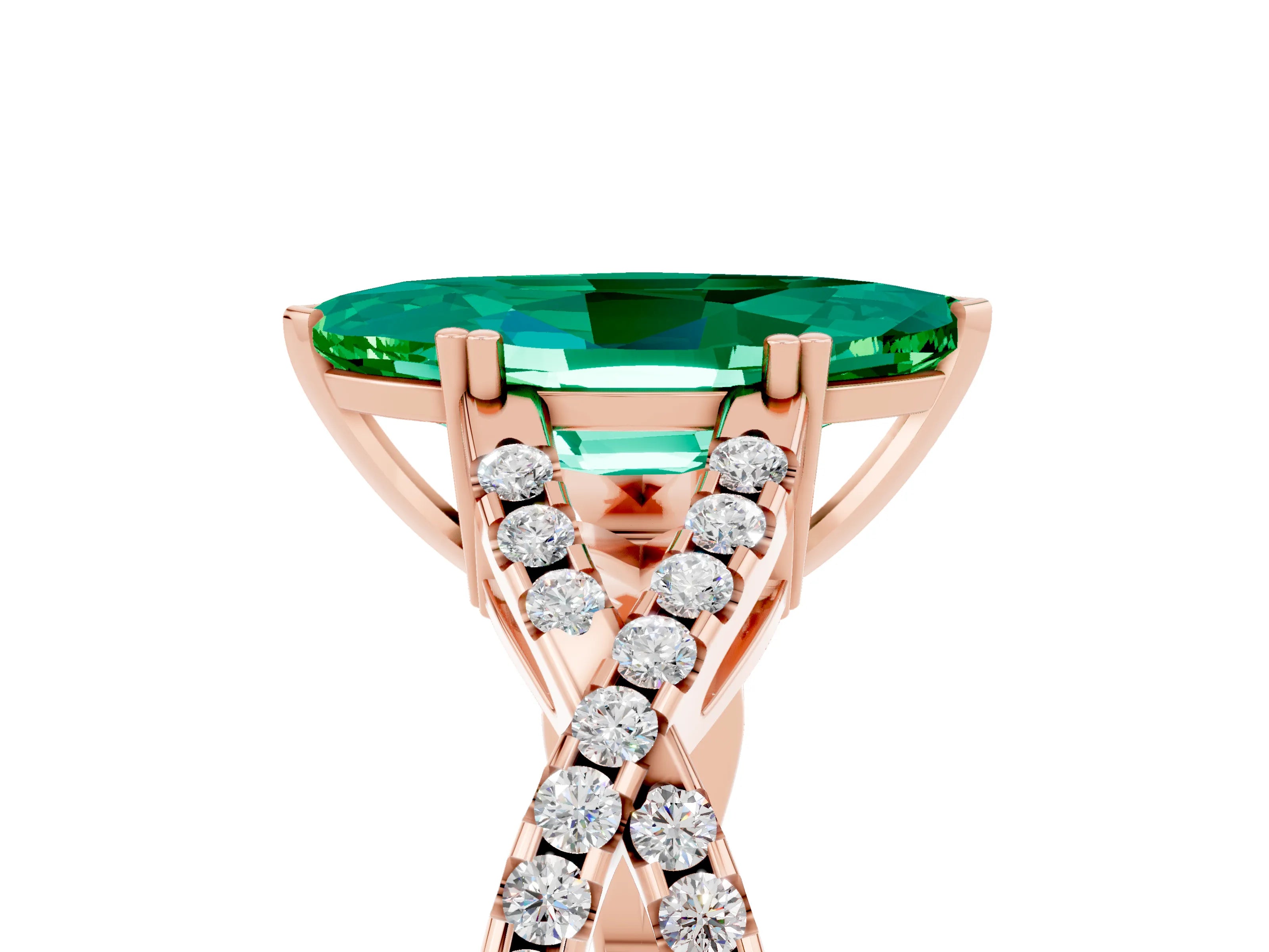 Rose gold Marquise Cut Emerald Solitaire Ring with Four-Prong Setting and Twisted Pavé Band_5