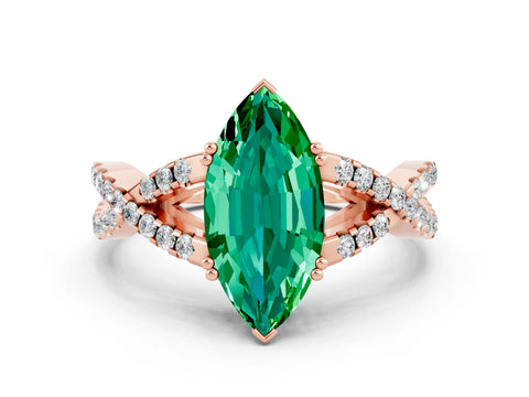 Rose gold Marquise Cut Emerald Solitaire Ring with Four-Prong Setting and Twisted Pavé Band