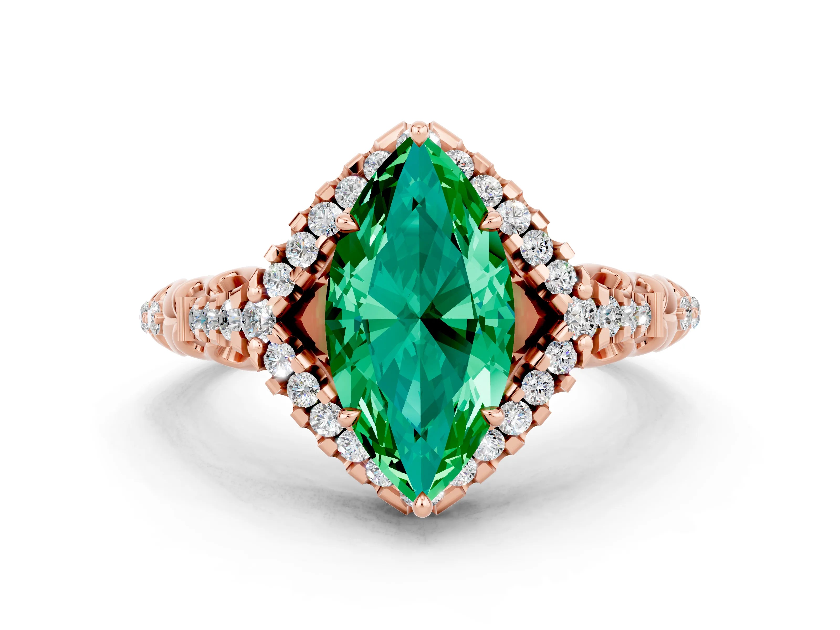 Rose gold Marquise Cut Emerald Solitaire Ring with Hidden Halo and Pavé Band_12