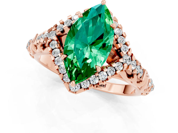 Rose gold Marquise Cut Emerald Solitaire Ring with Hidden Halo and Pavé Band