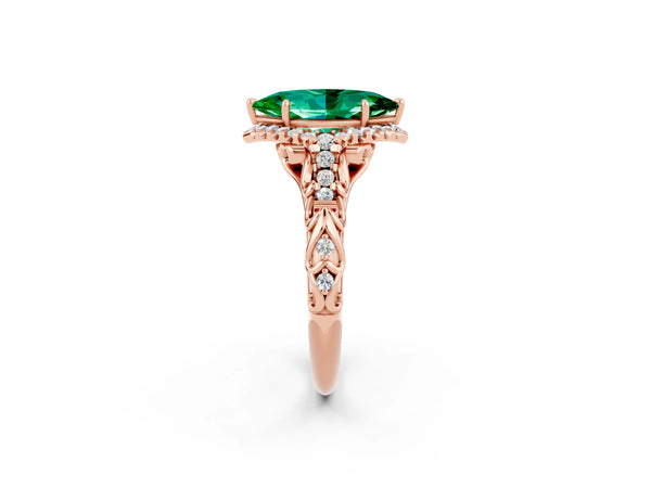 Rose gold Marquise Cut Emerald Solitaire Ring with Hidden Halo and Pavé Band