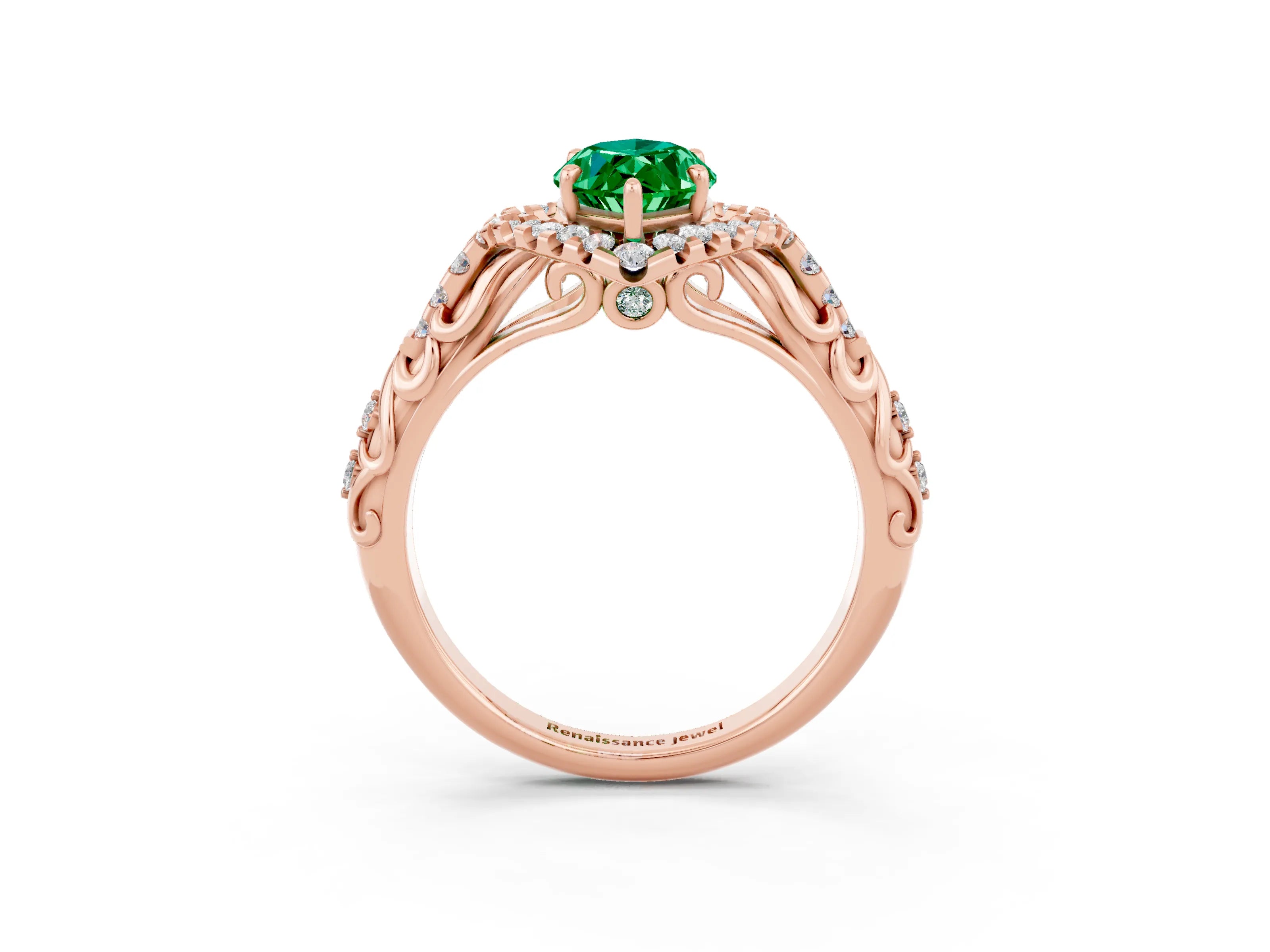 Rose gold Marquise Cut Emerald Solitaire Ring with Hidden Halo and Pavé Band_15