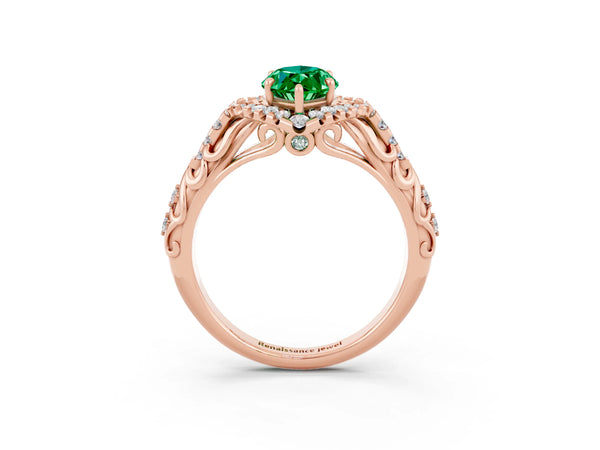 Rose gold Marquise Cut Emerald Solitaire Ring with Hidden Halo and Pavé Band