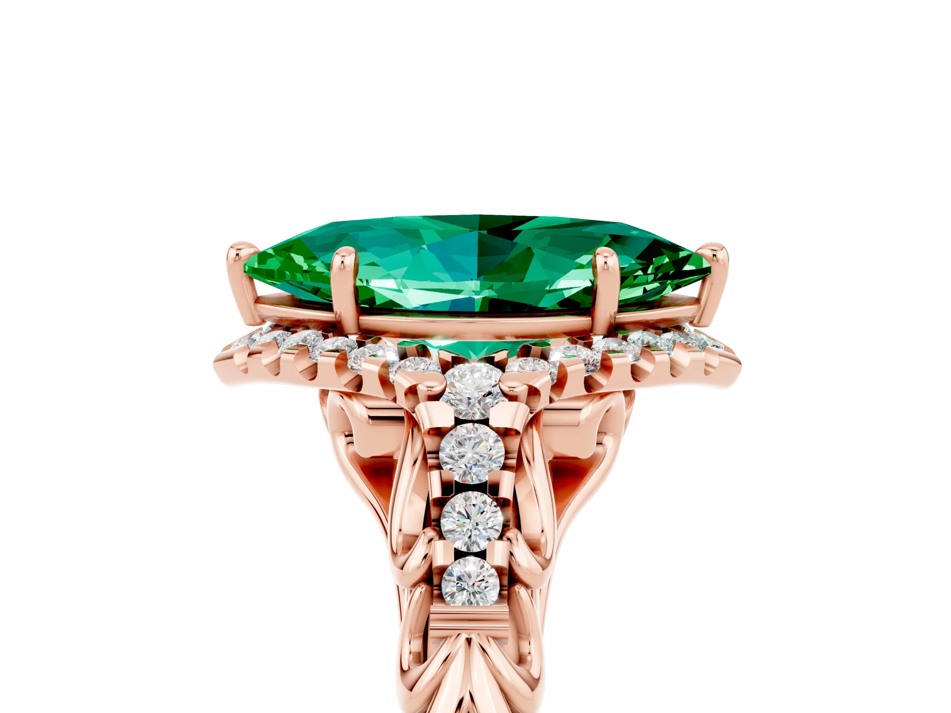 Rose gold Marquise Cut Emerald Solitaire Ring with Hidden Halo and Pavé Band_17