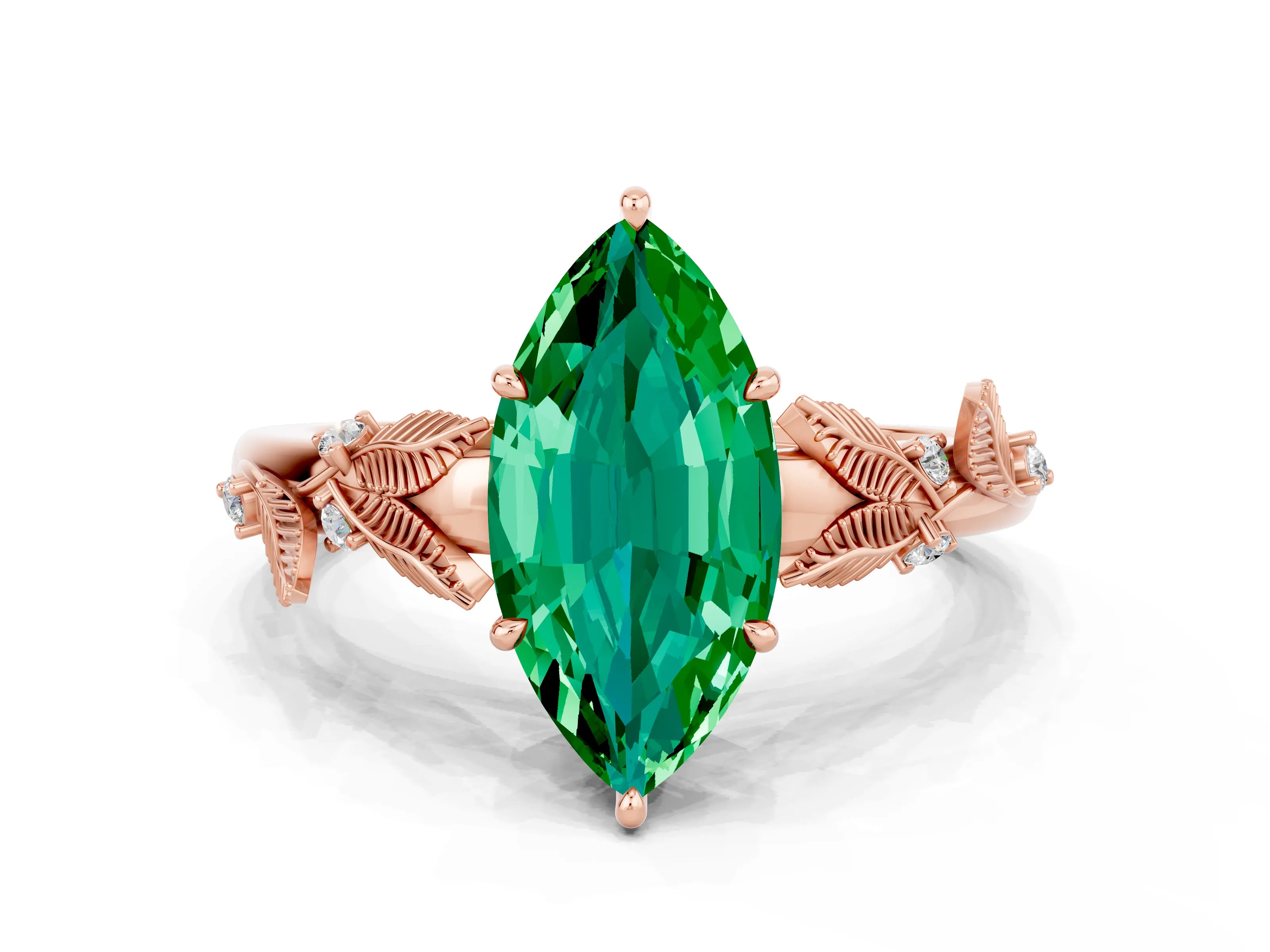 Rose gold Marquise Cut Emerald Solitaire Ring with Leaf Motif Band and Four-Prong Setting