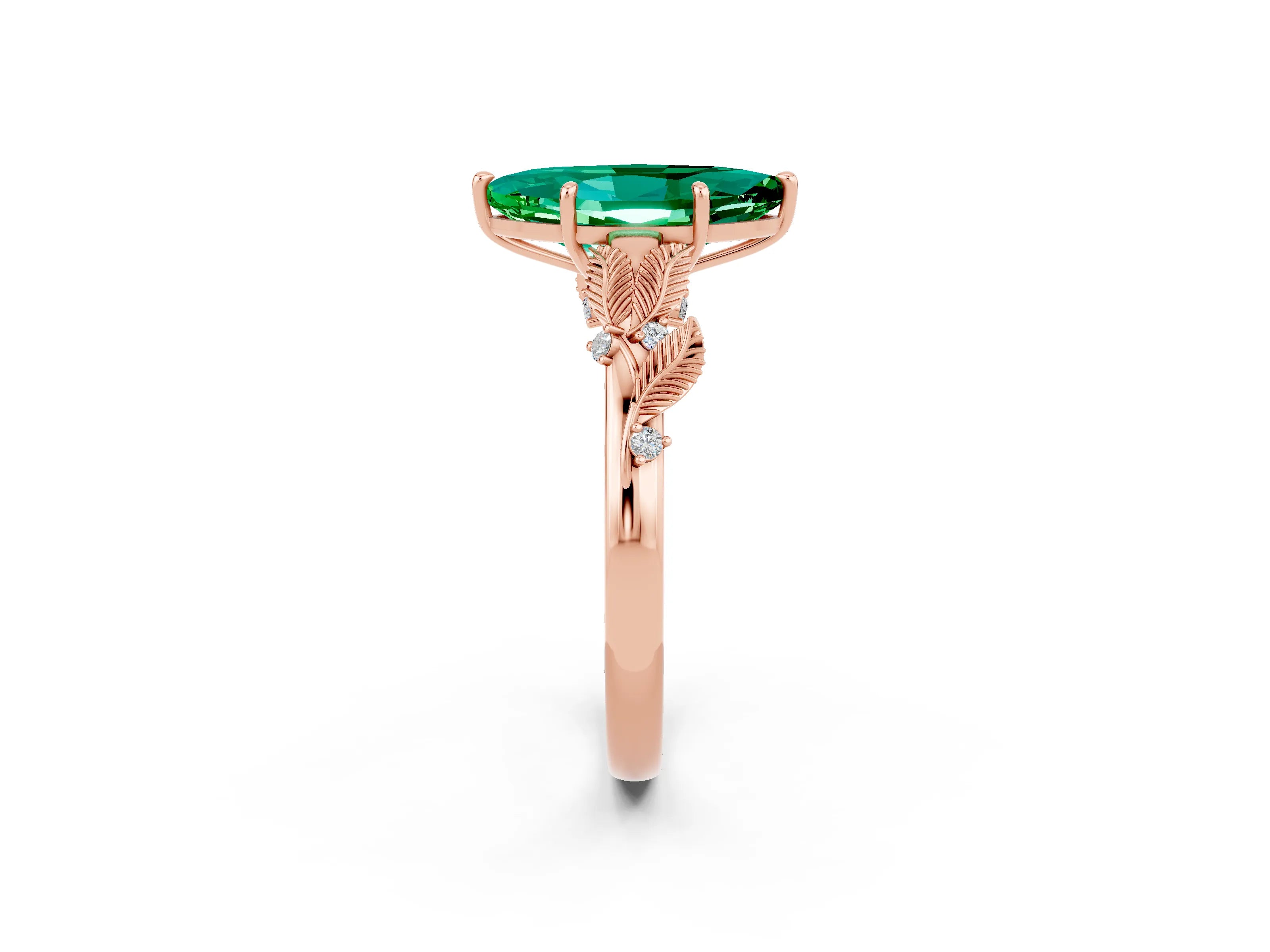 Rose gold Marquise Cut Emerald Solitaire Ring with Leaf Motif Band and Four-Prong Setting_2