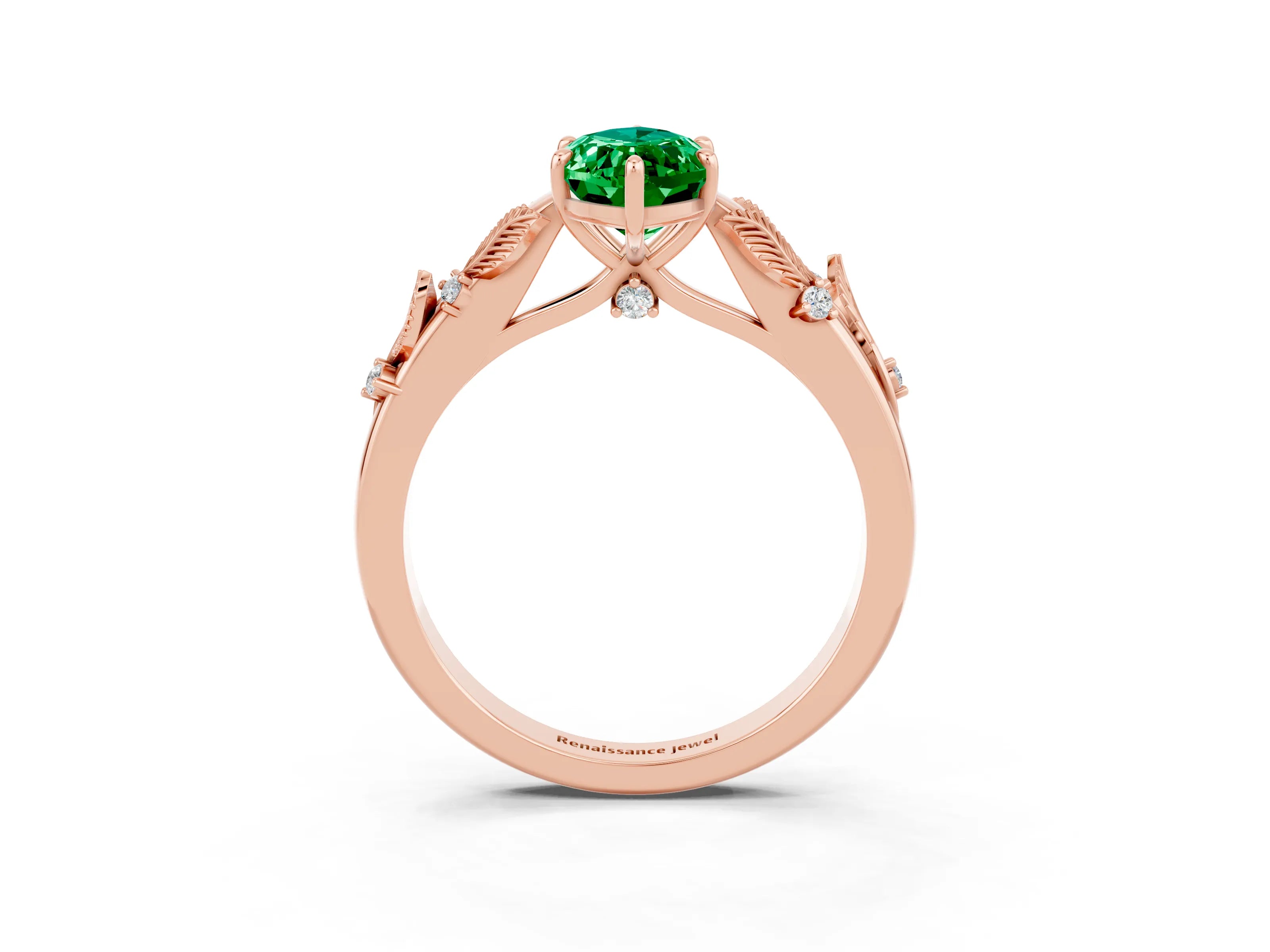 Rose gold Marquise Cut Emerald Solitaire Ring with Leaf Motif Band and Four-Prong Setting_3