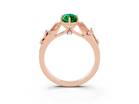 Rose gold Marquise Cut Emerald Solitaire Ring with Leaf Motif Band and Four-Prong Setting_3
