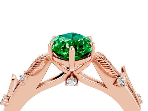 Rose gold Marquise Cut Emerald Solitaire Ring with Leaf Motif Band and Four-Prong Setting_4