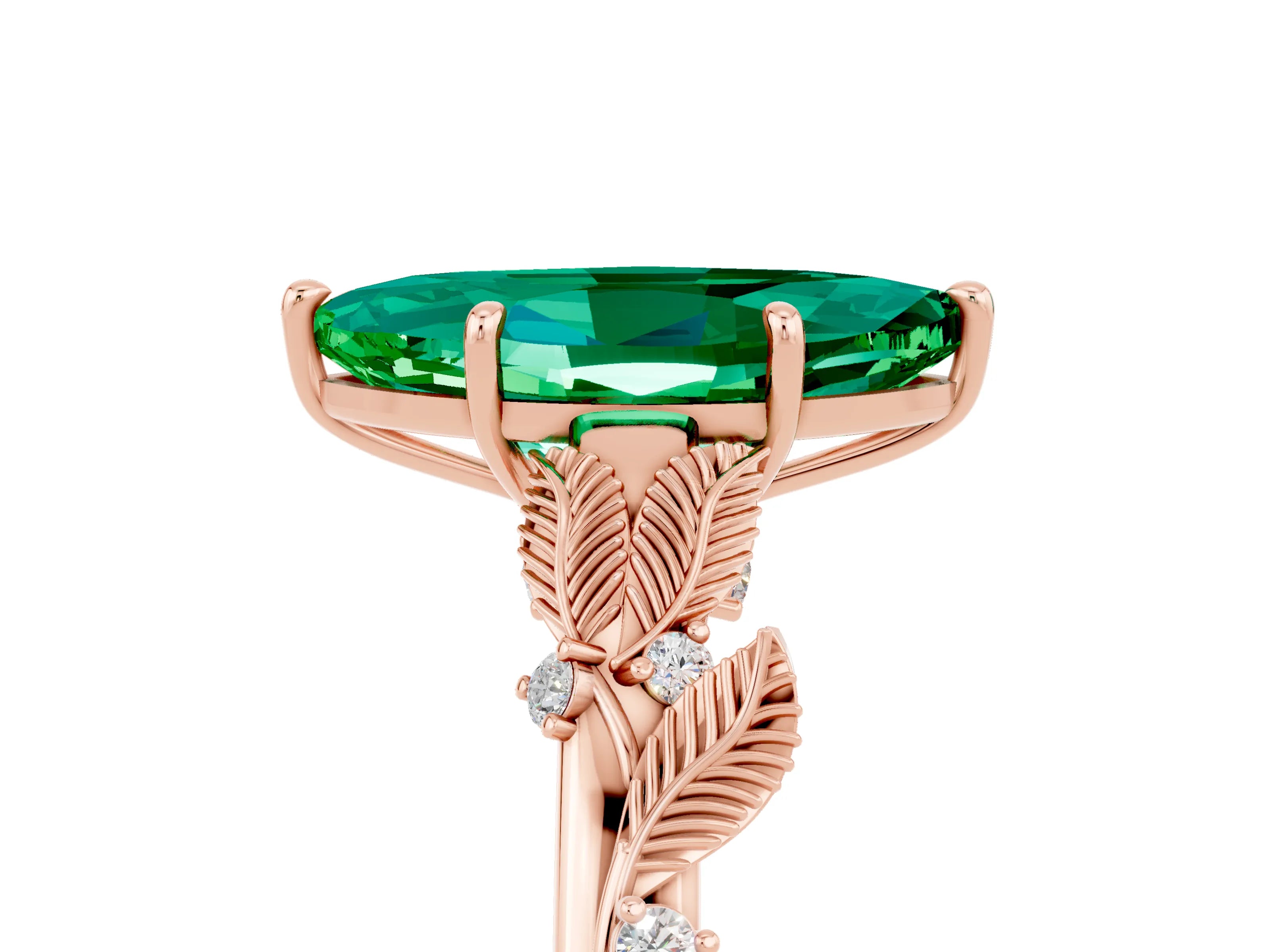 Rose gold Marquise Cut Emerald Solitaire Ring with Leaf Motif Band and Four-Prong Setting_5
