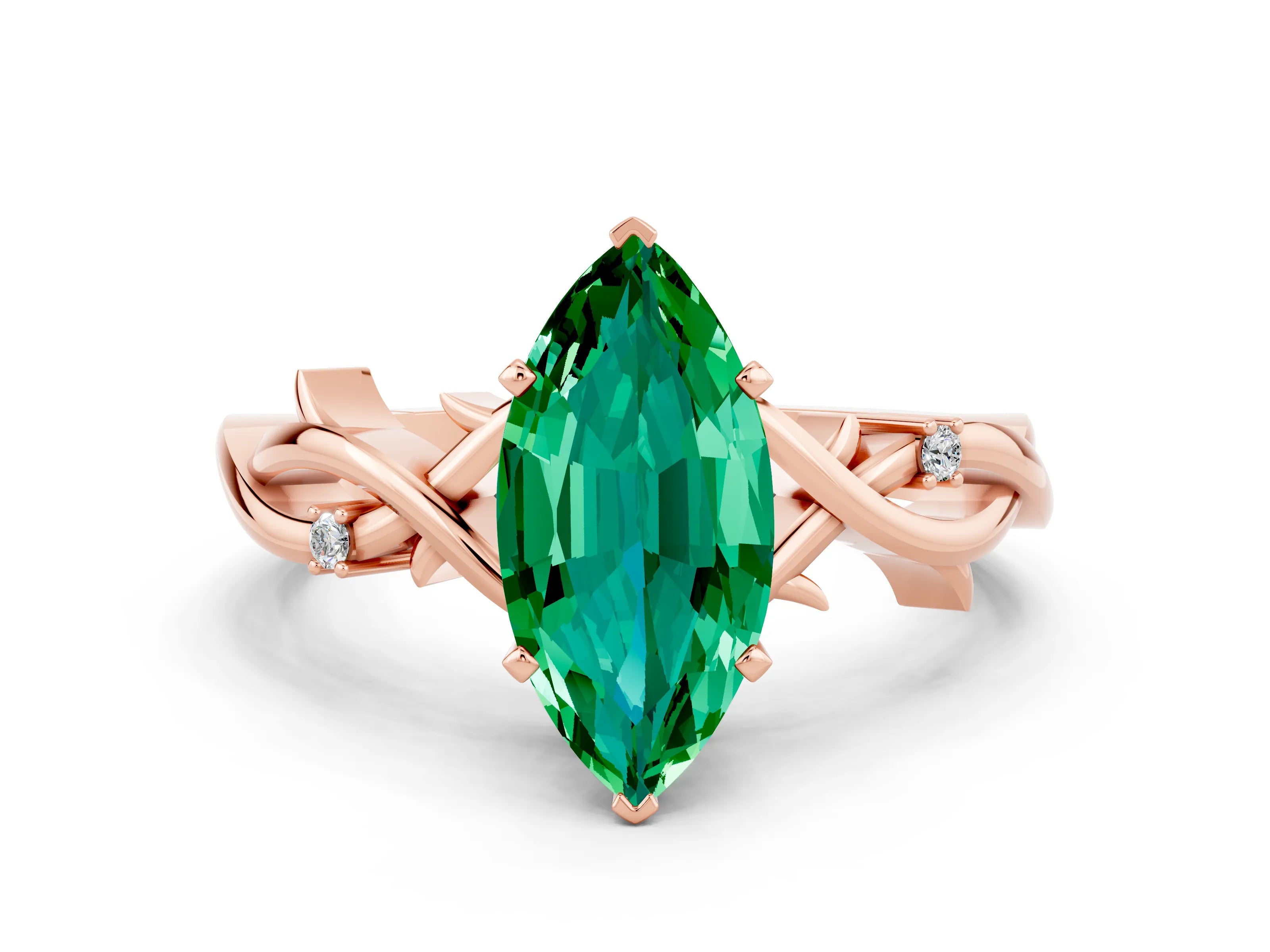 Rose gold Marquise Cut Emerald Solitaire Ring with Milgrain Pavé Band and Four-Prong Setting_12
